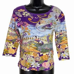 VINTAGE RETRO Y2K TAKE TWO TOP T SHIRT 3/4 SLEEVE FLORAL ALL OVER PRINT SIZE S